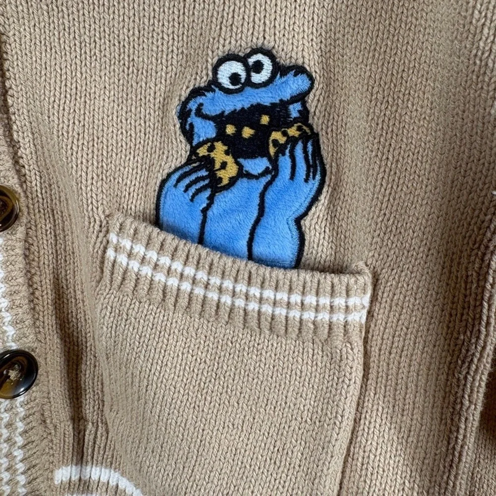 Sesame Street Cookie Monster Kids Button‎ Up Cardigan Sweater Size 5/6 S Tan